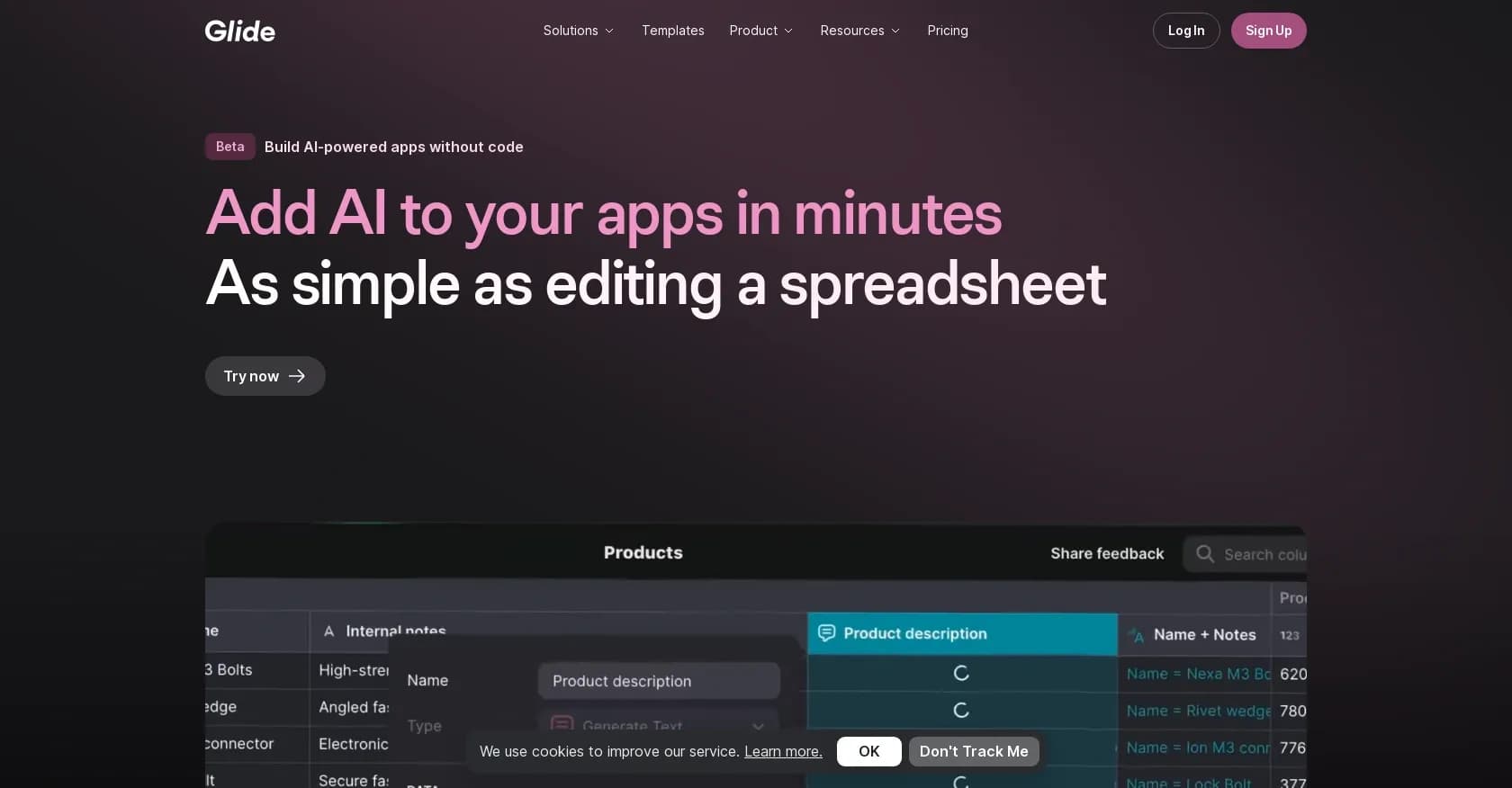 Glide Apps homepage screenshot — Build AI-powered apps without code