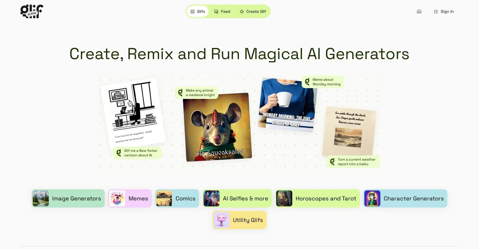 Glif App homepage screenshot — Create and run AI generators with prompts, no code needed.