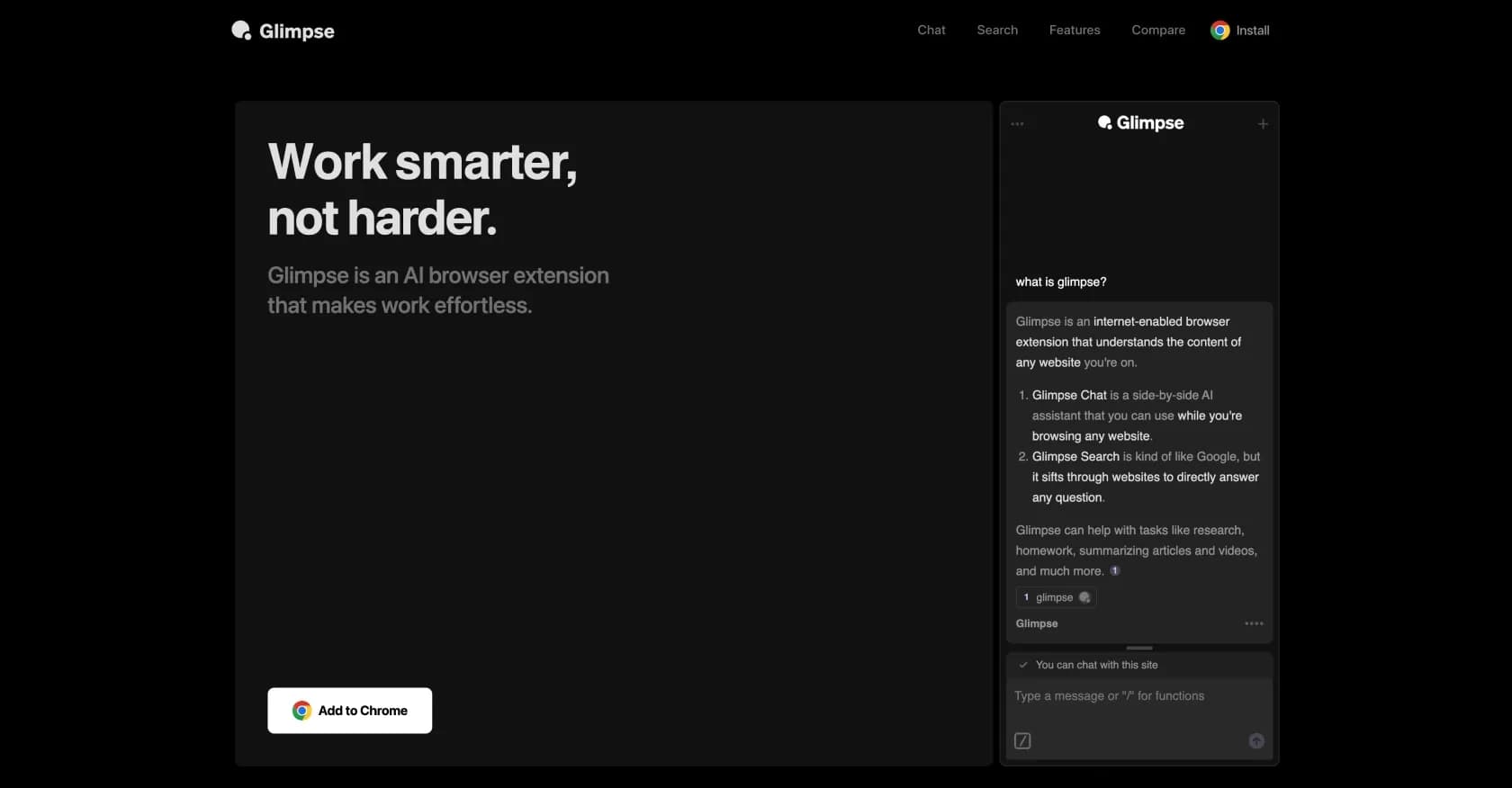 Glimpse homepage screenshot — Chat with the internet as you browse.