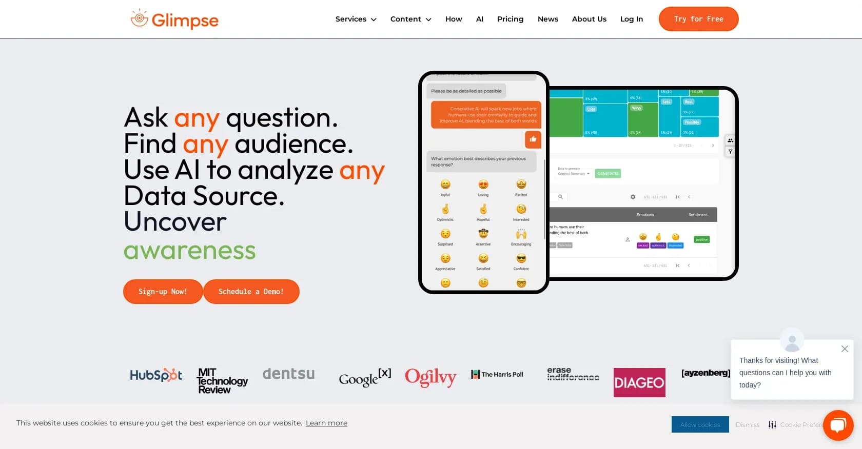 Glimpsehere homepage screenshot — Quick-turn, AI-powered human response research platform