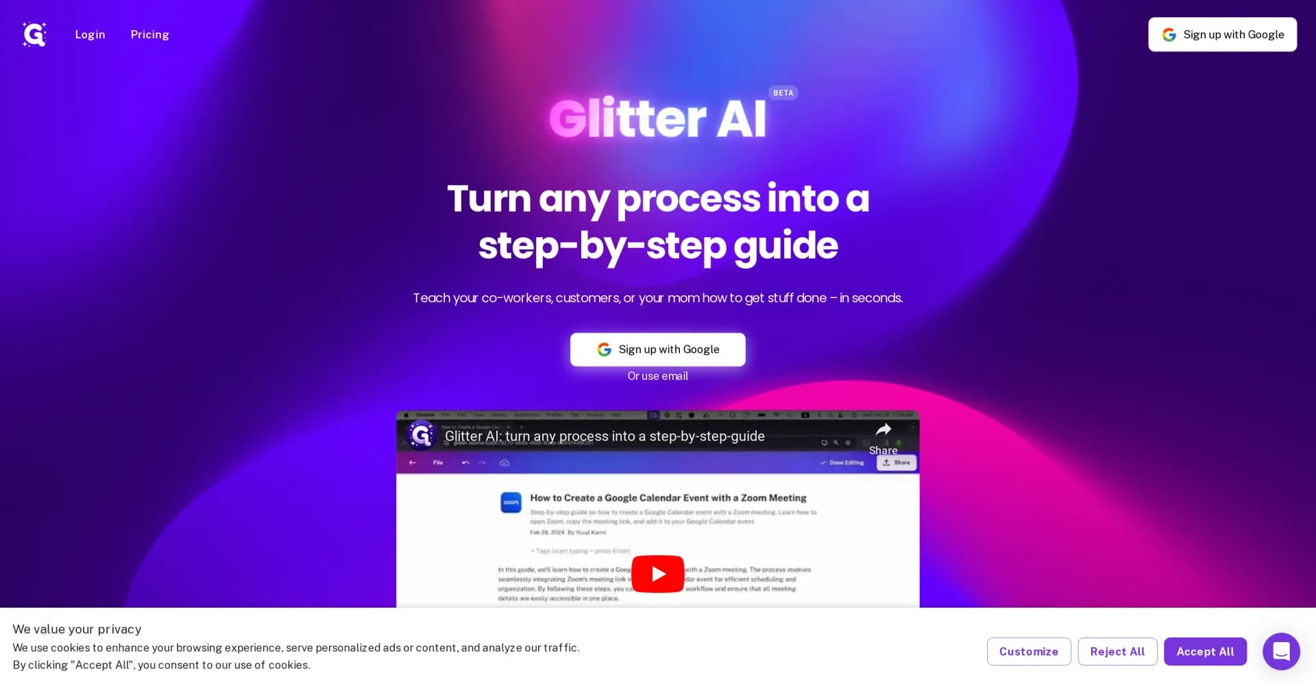 Glitter AI homepage screenshot — Turn any process into a step-by-step guide.