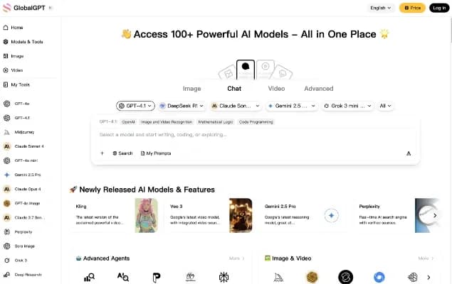 GlobalGPTv3.0.0 homepage screenshot — All-in-One Access to AI power: GPT4, Claude, Gemini, Perplex