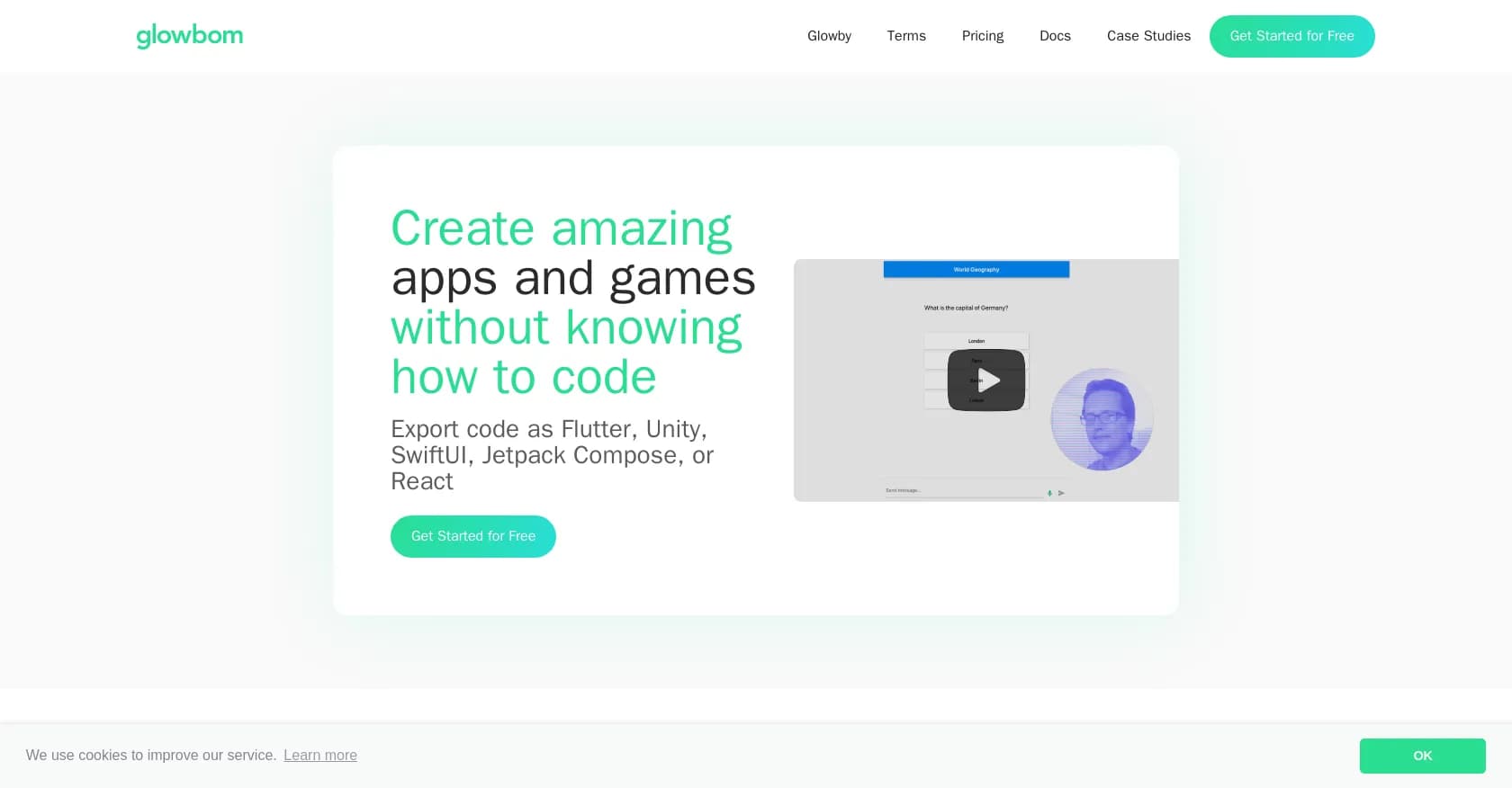 Glowbom homepage screenshot — Create apps and games without code