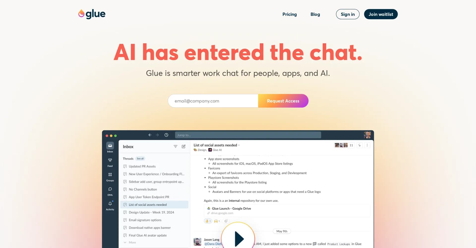 Glue homepage screenshot — Smarter work chat with AI assistance.
