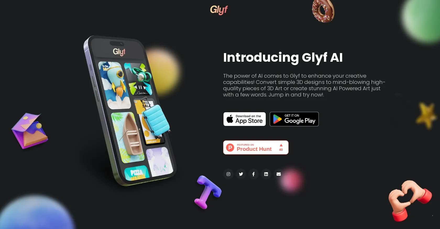 Glyf homepage screenshot — Create stunning 3D designs on your phone in minutes.