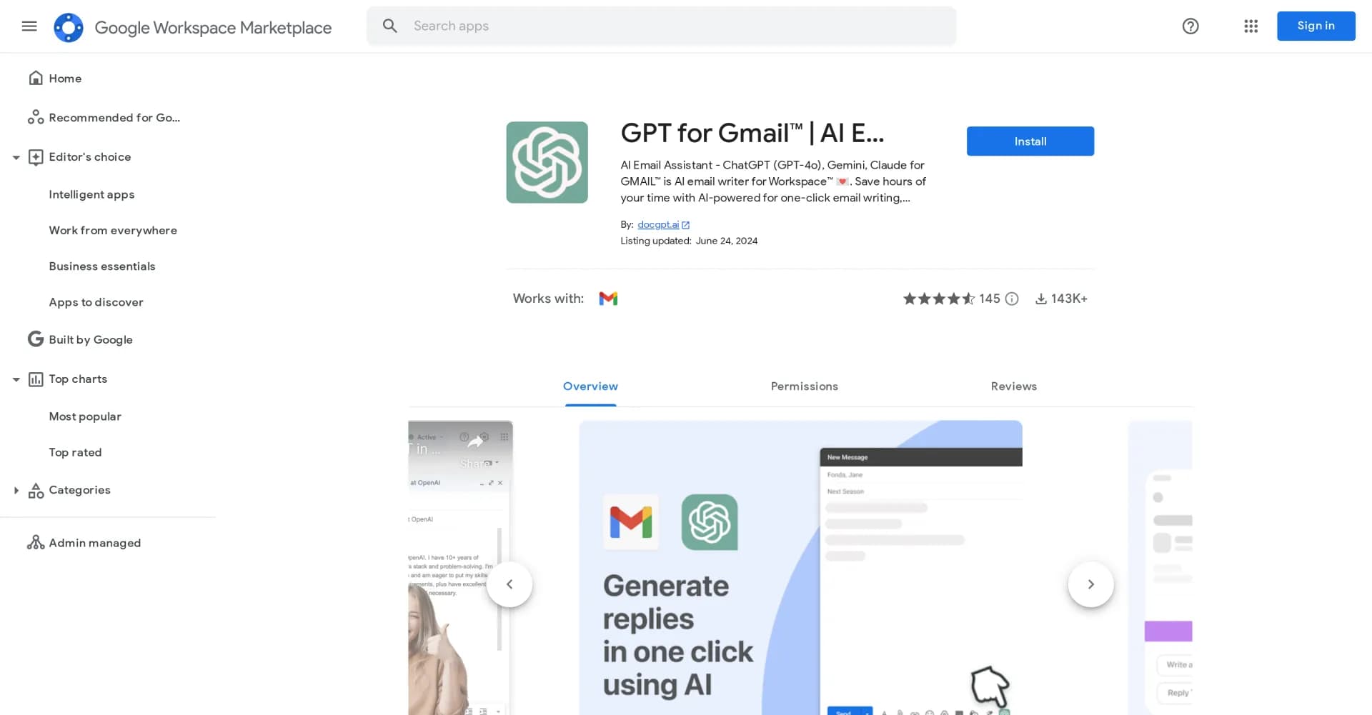 GmailGPT homepage screenshot — Write emails in 1 click using AI