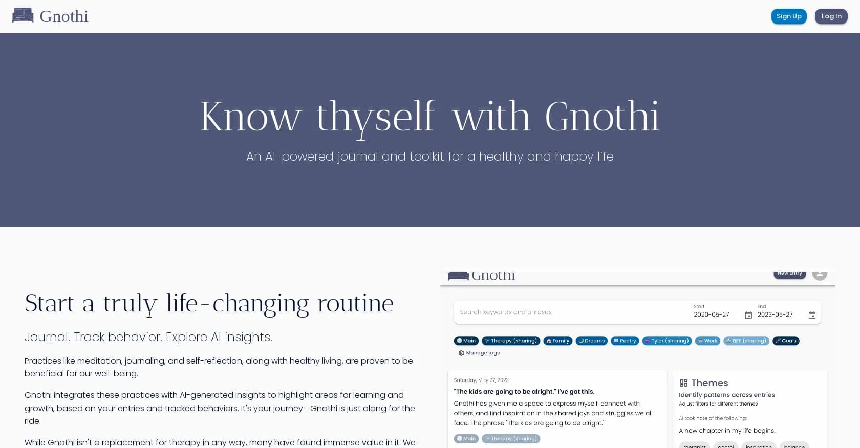 Gnothi homepage screenshot — AI-powered journal for a healthier, happier life