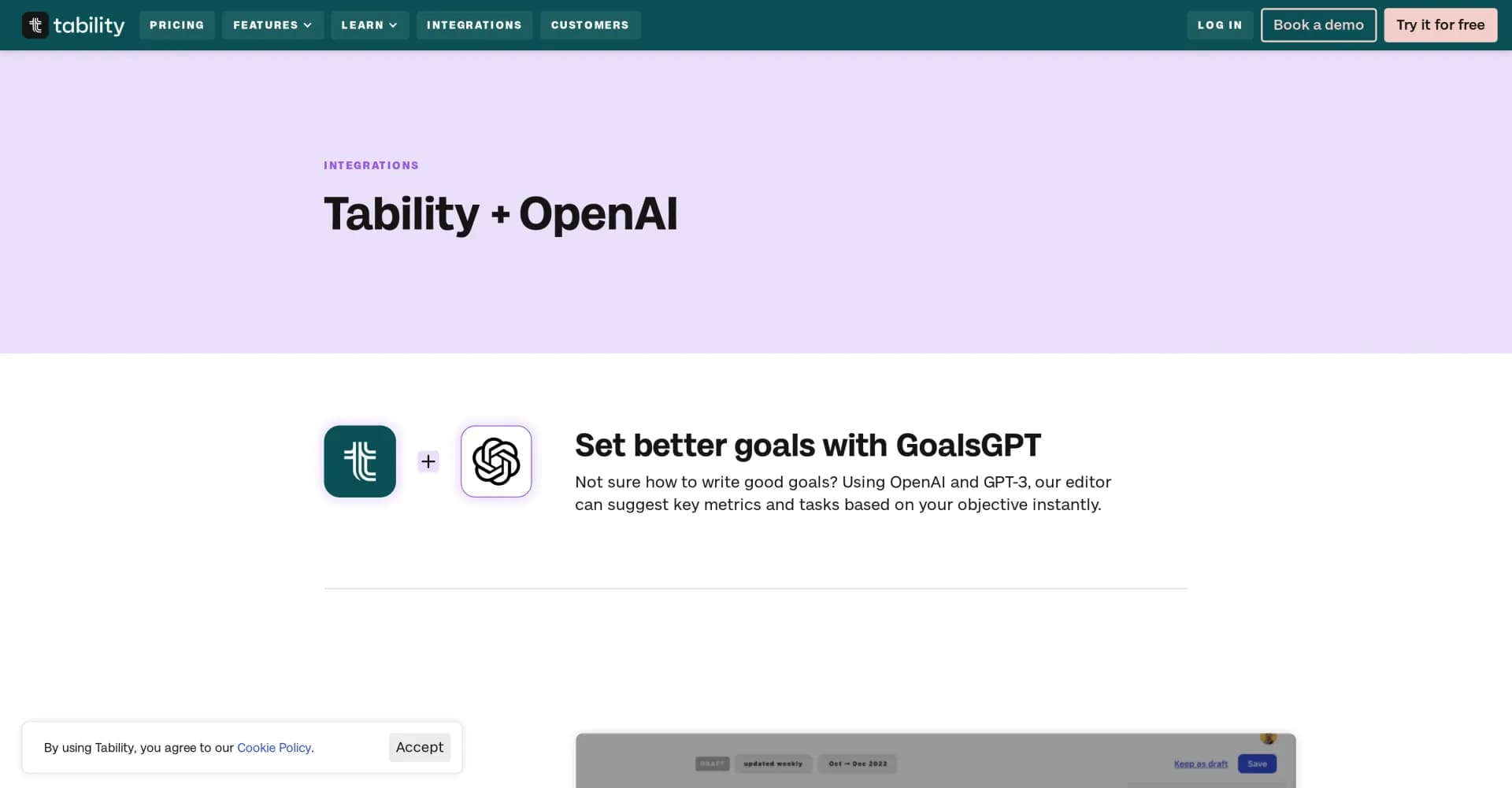 Tability homepage screenshot — Align teams and track progress with OKRs and goals.