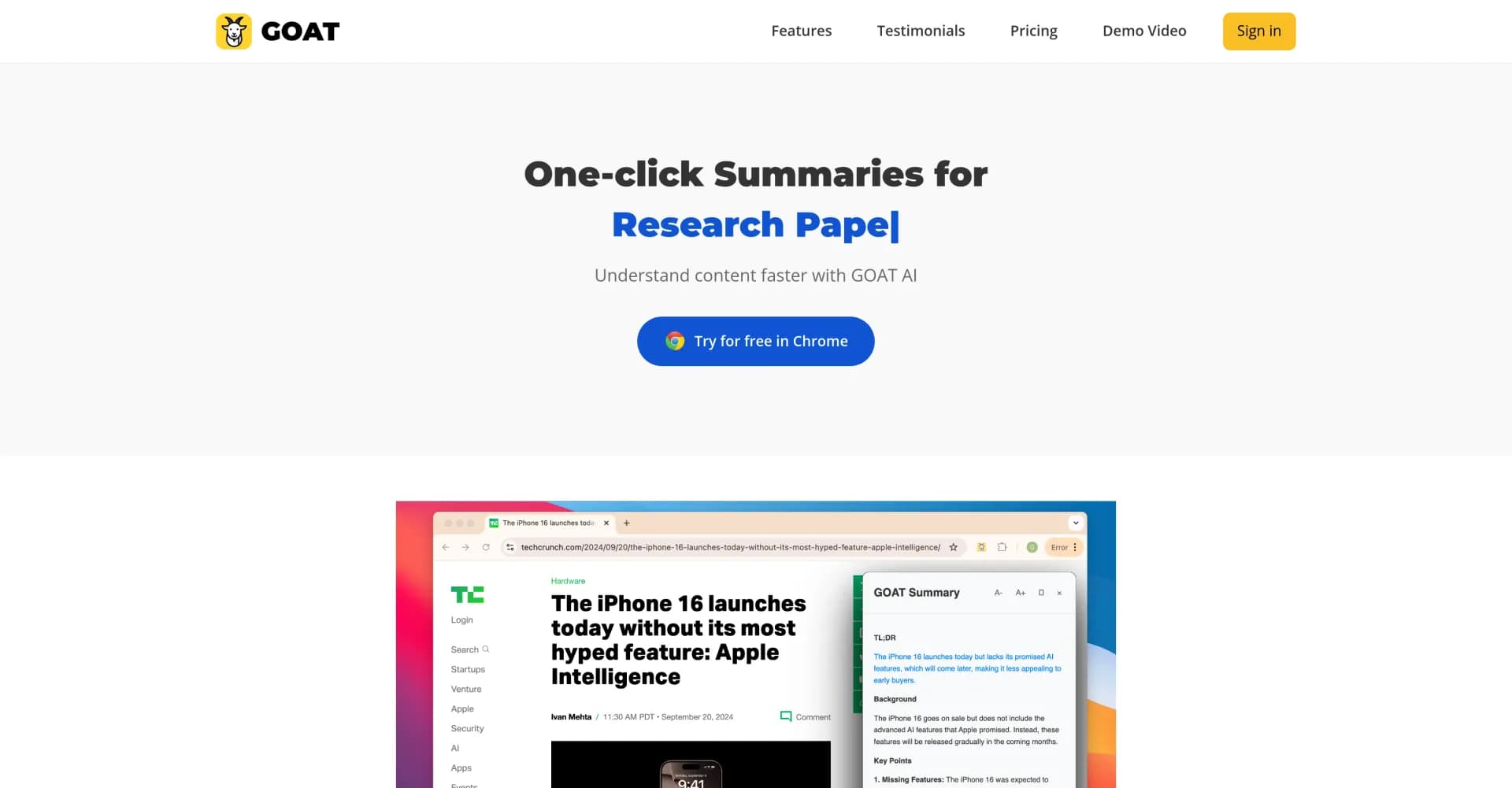 GOAT AI Summarizer homepage screenshot — Condense text into key insights.