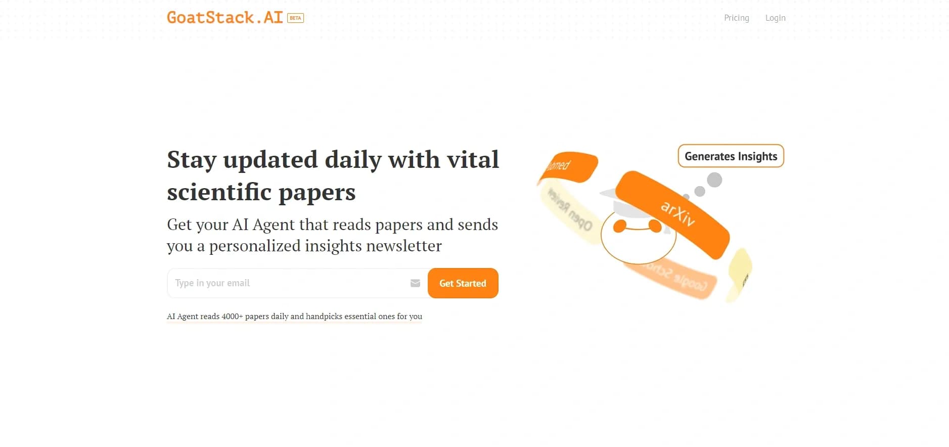 GoatStack homepage screenshot — AI-curated news delivered to your inbox