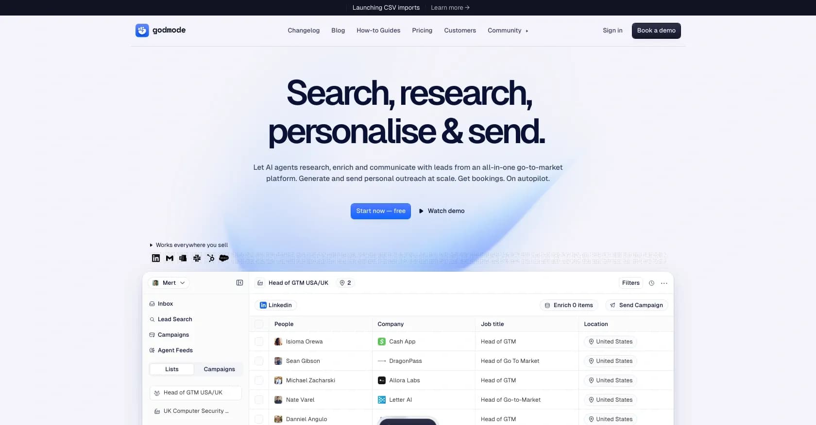 GodmodeHQ homepage screenshot — AI-powered sales agent that grows your business while you sl