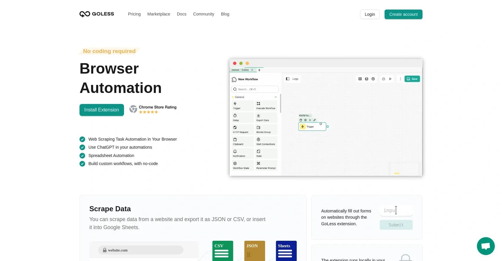 Goless homepage screenshot — Automate web tasks without coding.
