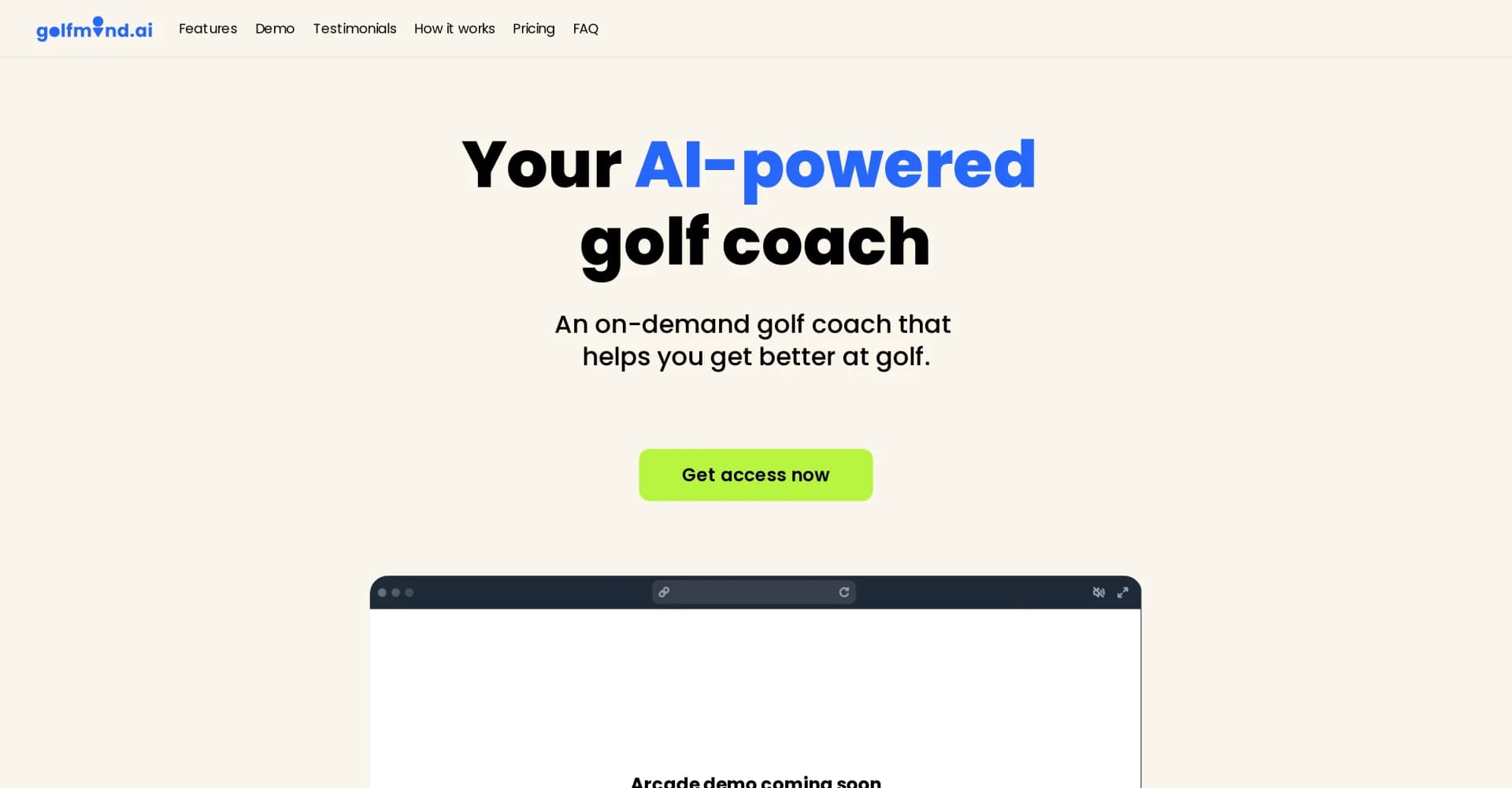 Golfmind homepage screenshot — AI-powered golf coach for on-demand improvement
