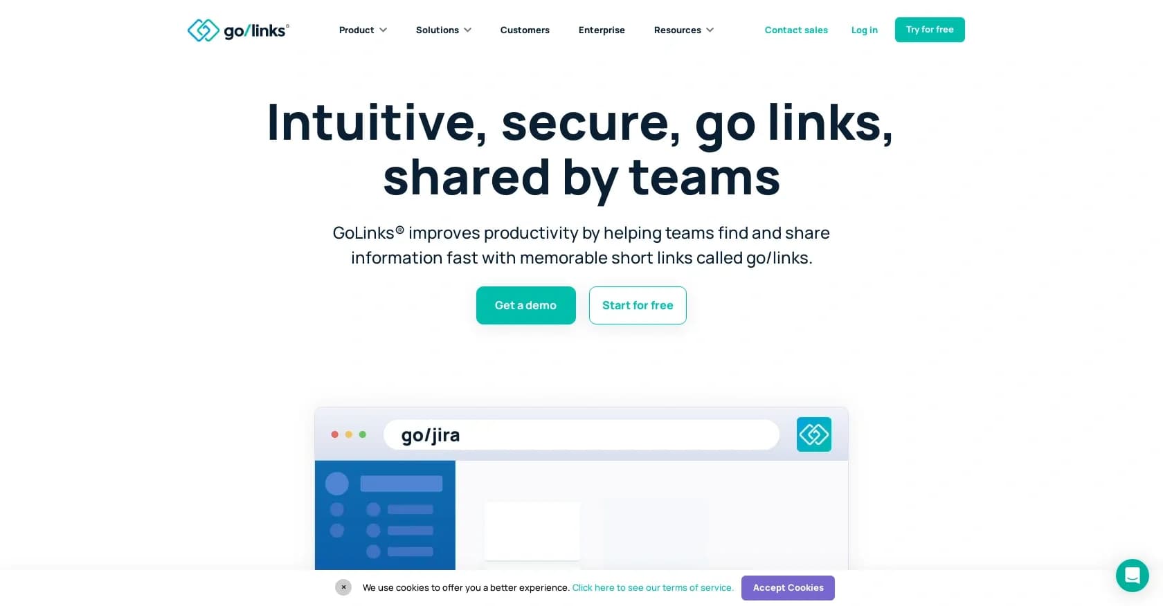 GoLinks homepage screenshot — Access and share information instantly with memorable short 