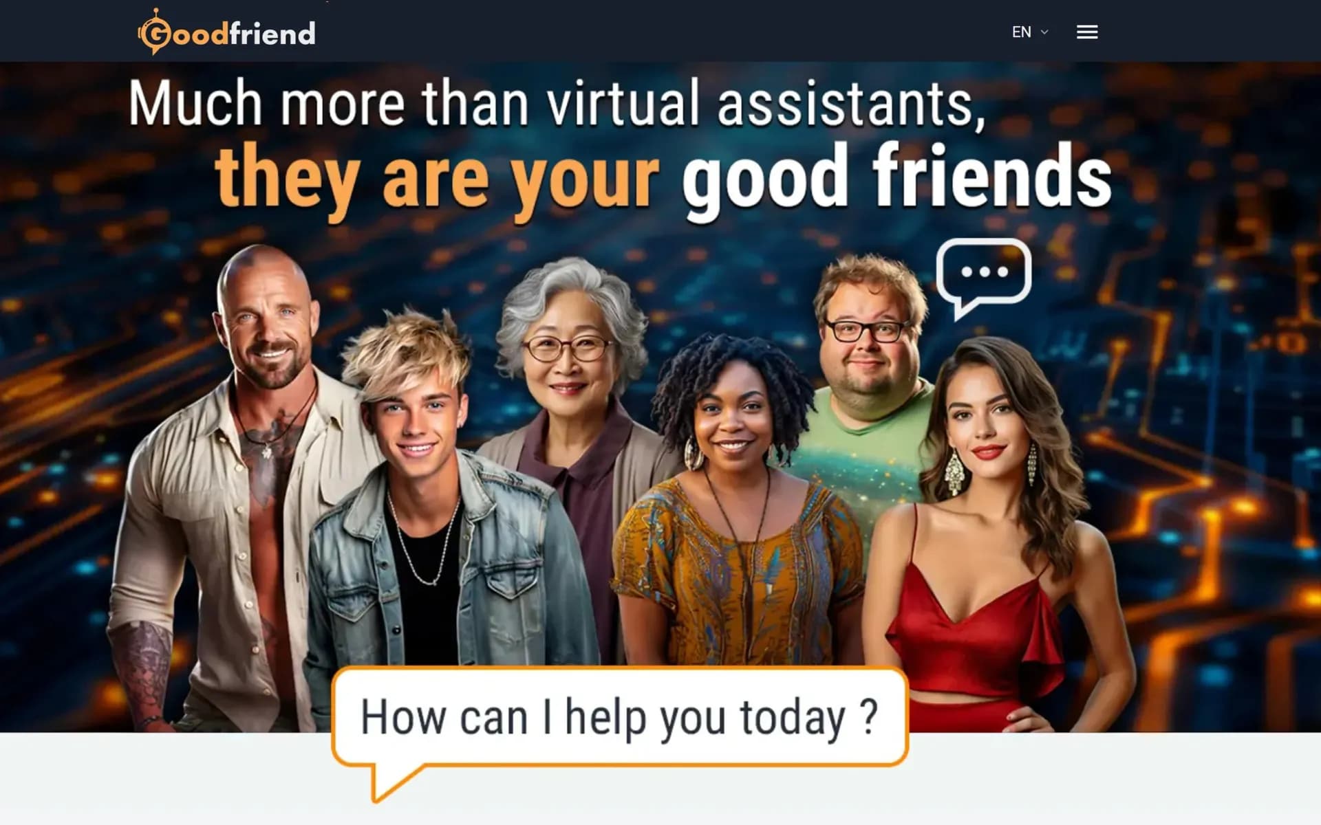 GoodFriend AI homepage screenshot — GoodFriend AI - Much more than virtual assistants