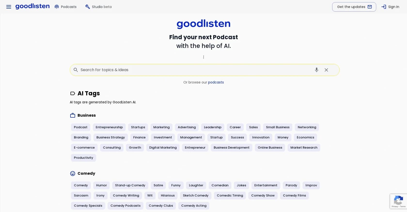 GoodListen homepage screenshot — AI-powered podcast search and discovery.