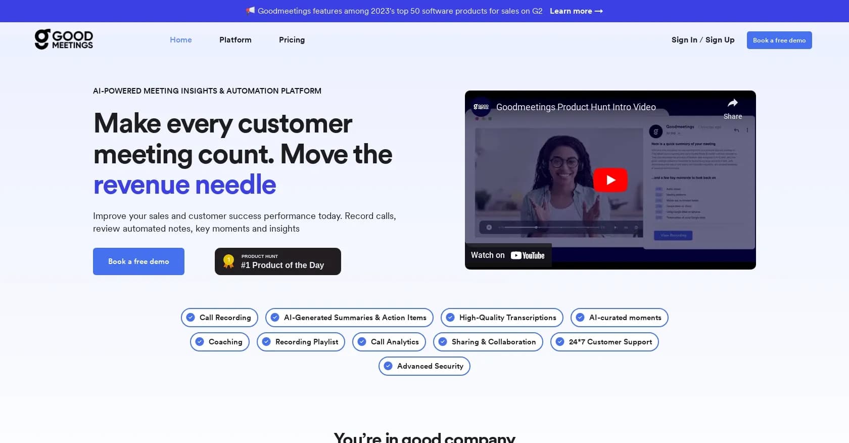 Goodmeetings homepage screenshot — AI-powered meeting insights for high-performance revenue tea