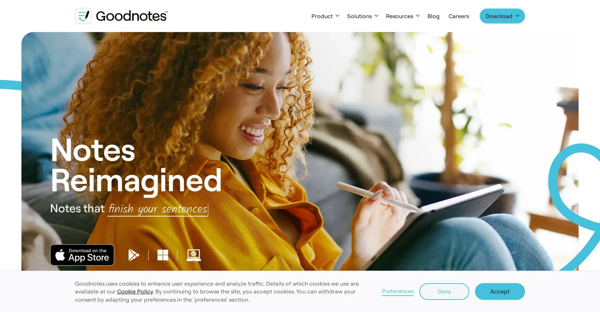 Goodnotes homepage screenshot — AI-powered note-taking reimagined.