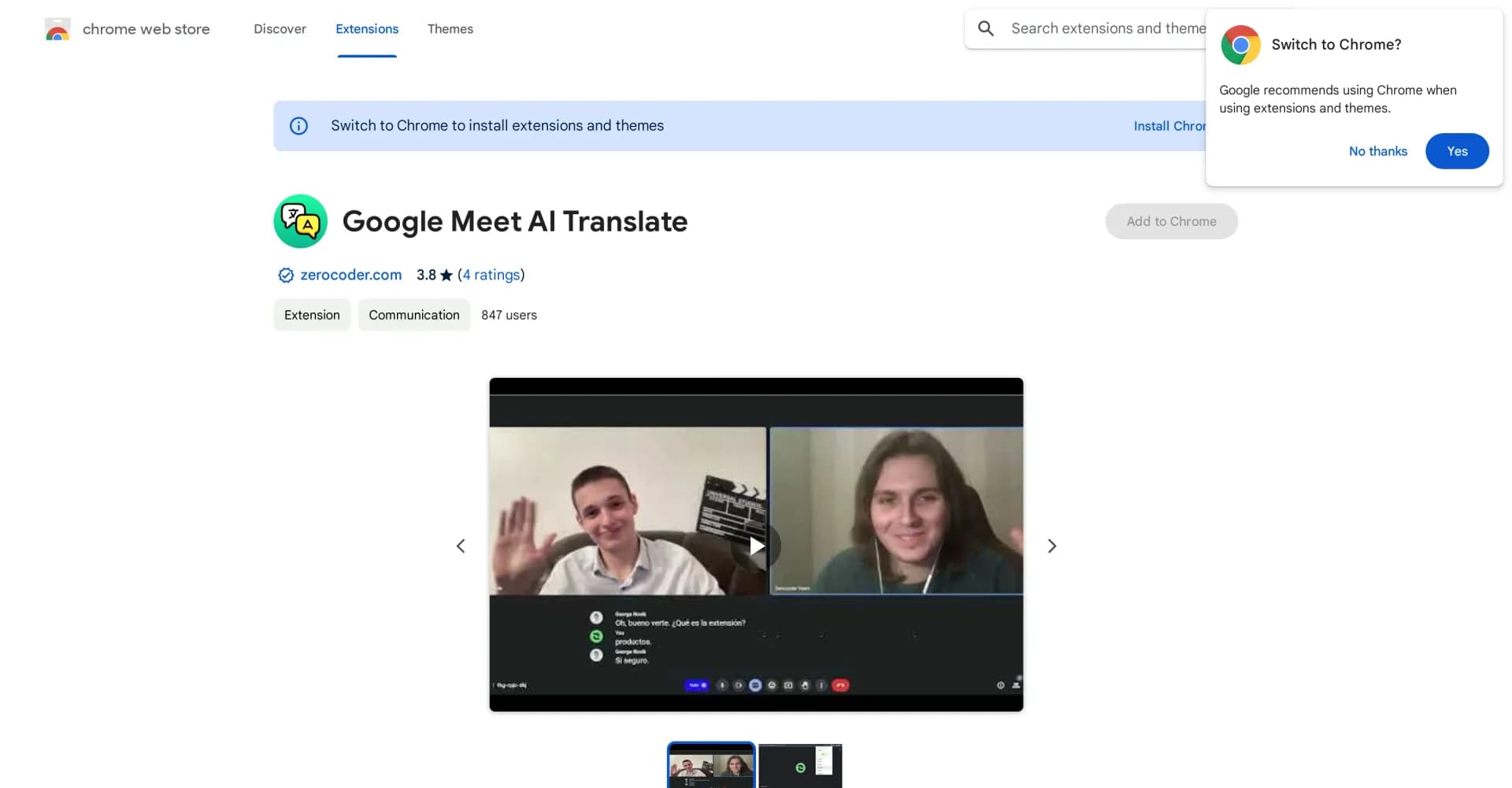 Google Meet AI Translate homepage screenshot — Translate any language synchronously in Google Meet.