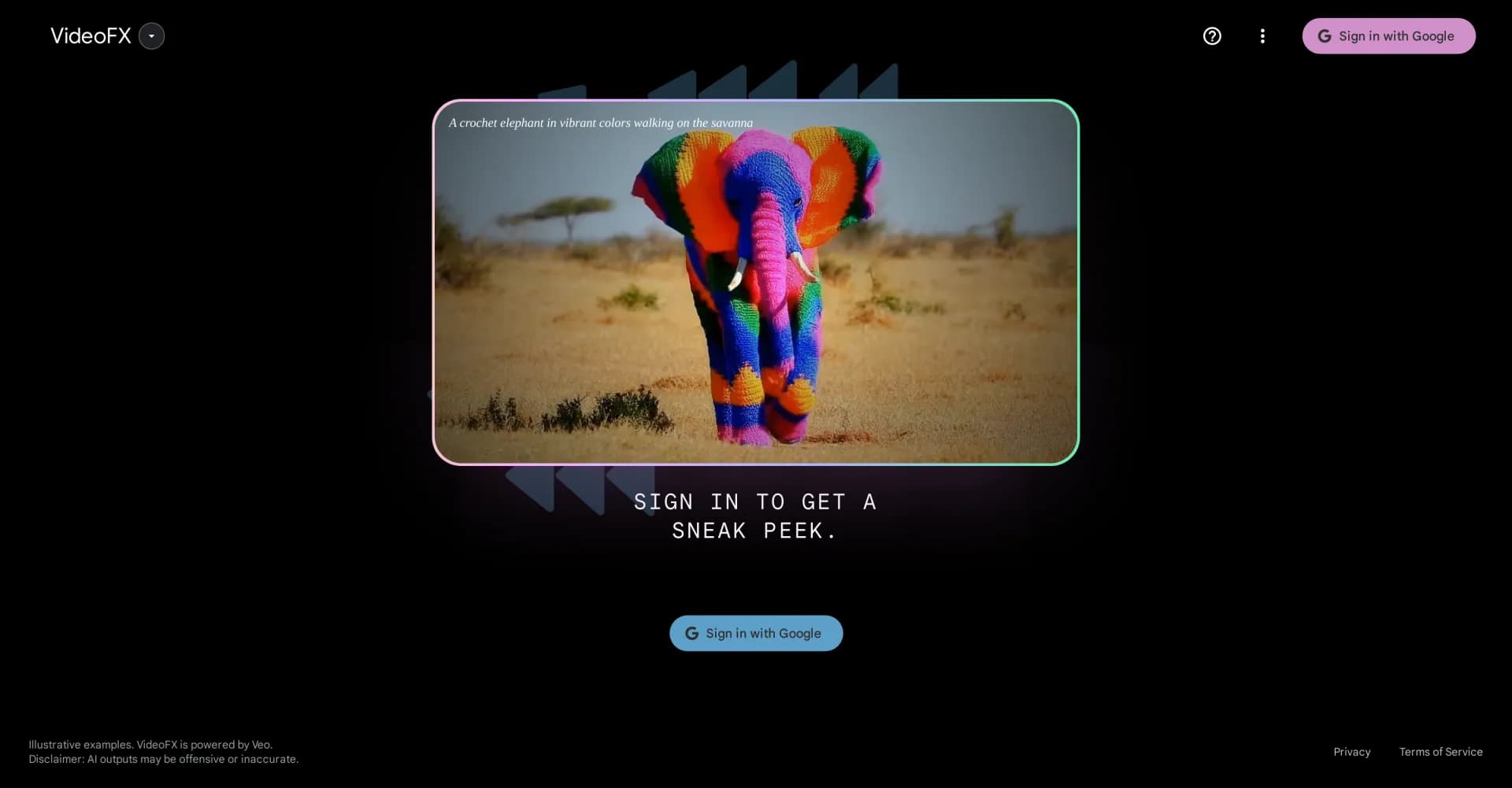 Google VideoFX homepage screenshot — Transform videos with AI-powered effects.
