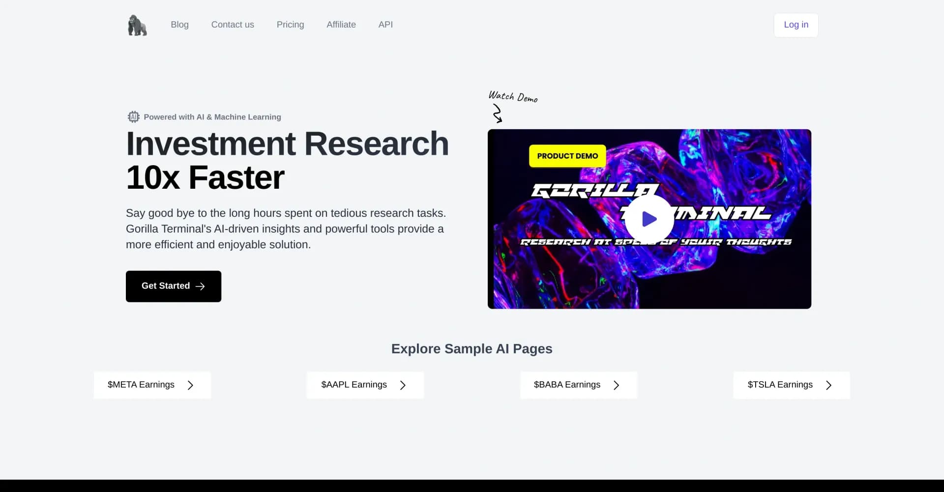 Gorilla Terminal homepage screenshot — Research stocks at the speed of thought.