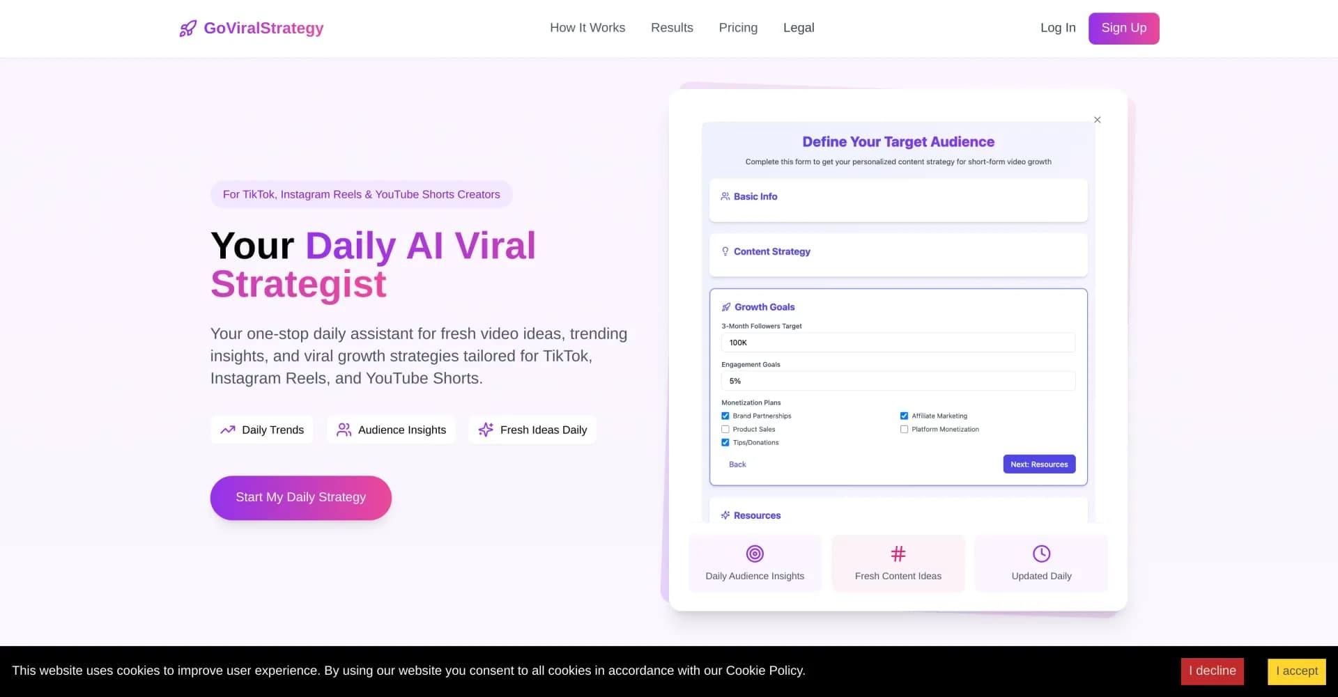 GoViralStrategy homepage screenshot — AI-powered growth strategies for short-form video