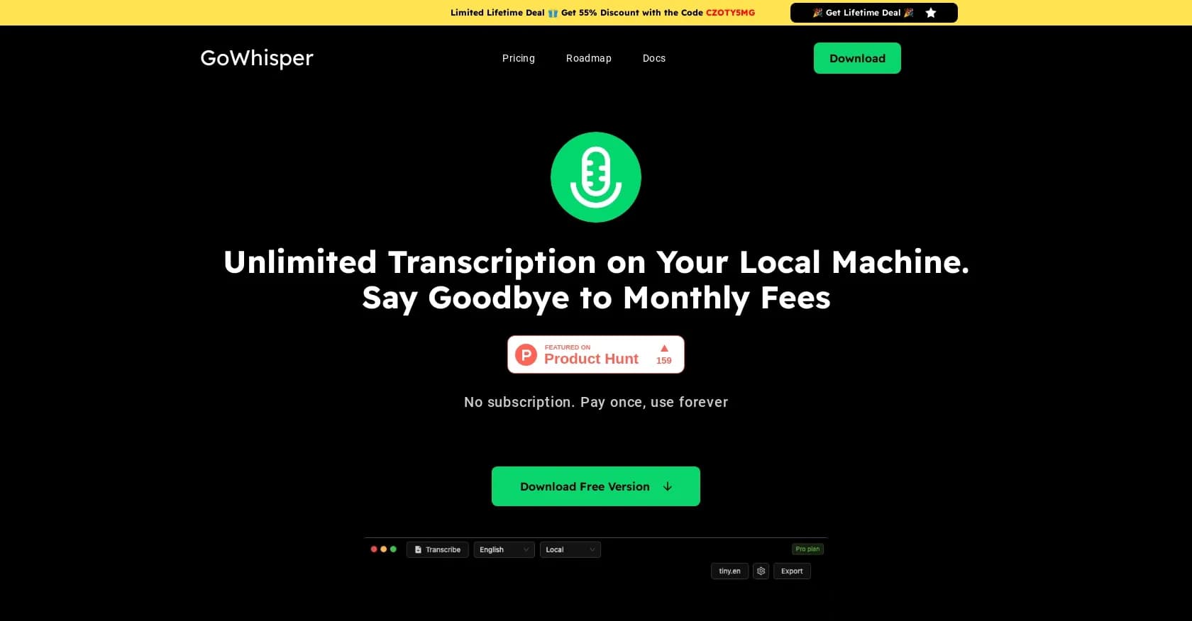GoWhisper homepage screenshot — Privacy-first, local audio transcription without monthly fee