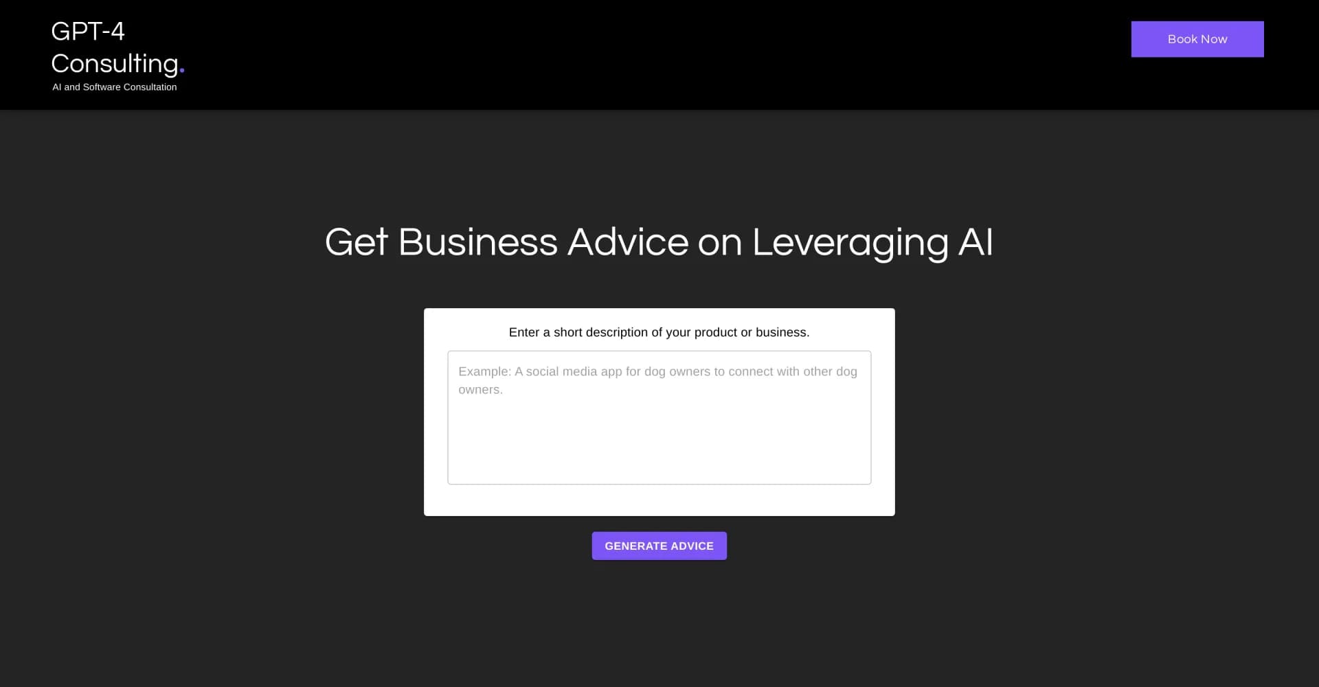 GPT-4 Consulting homepage screenshot — AI-powered business consulting at your fingertips