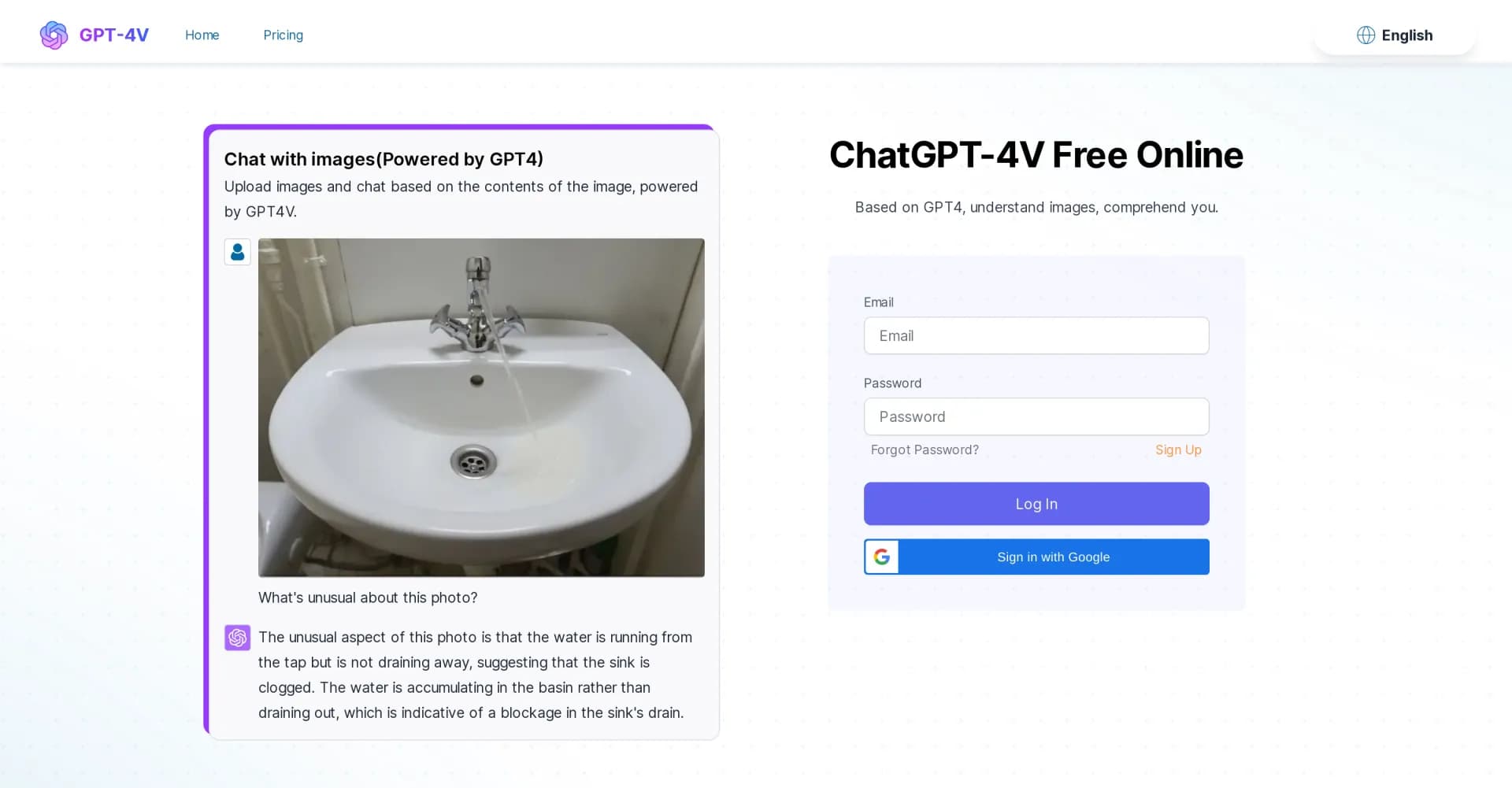GPT-4V homepage screenshot — AI-powered image analysis and chat