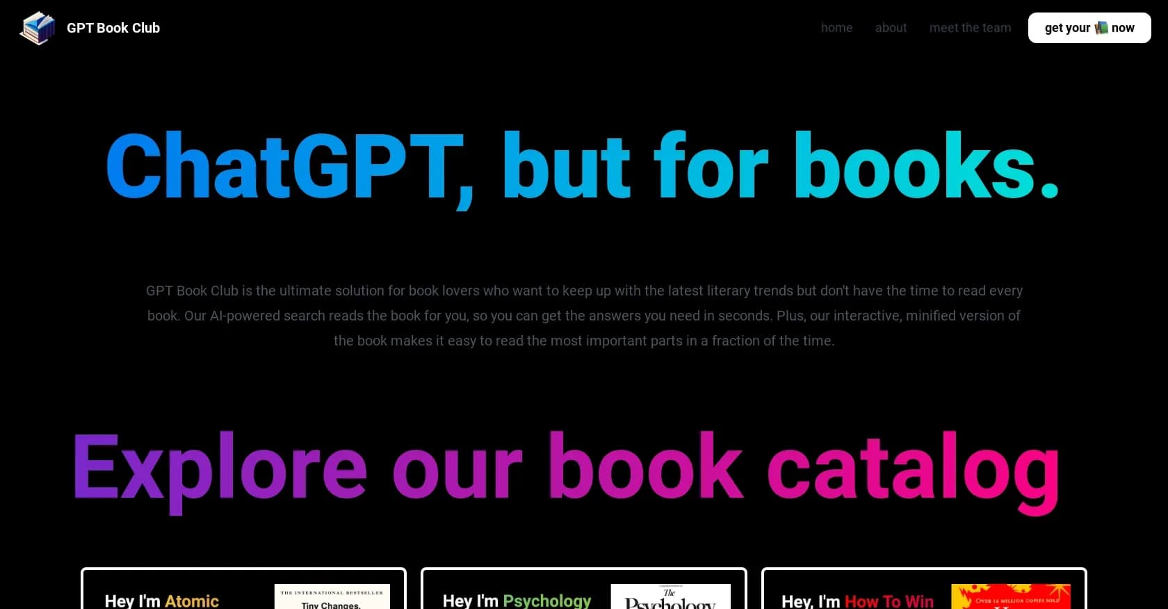 GPT Book Club homepage screenshot — Get AI-powered insights from books in seconds.