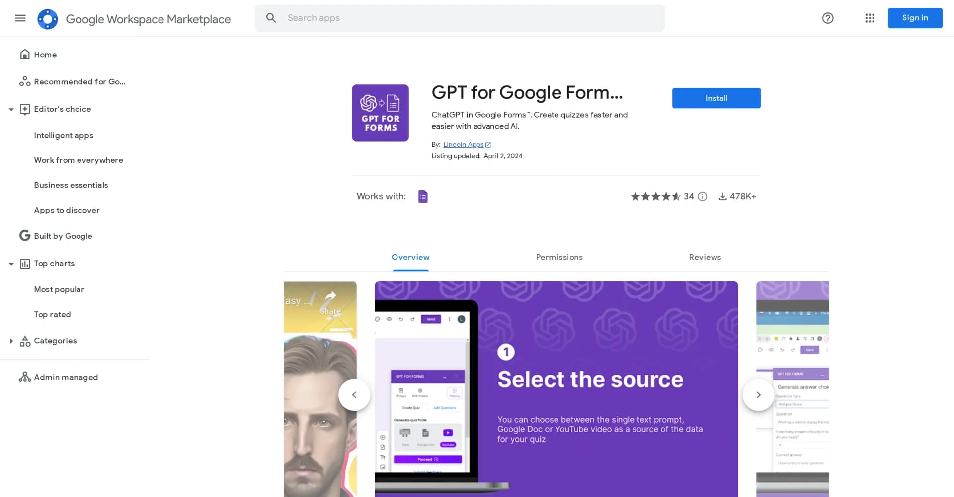 GPT for Google Forms homepage screenshot — Create quizzes faster with AI in Google Forms
