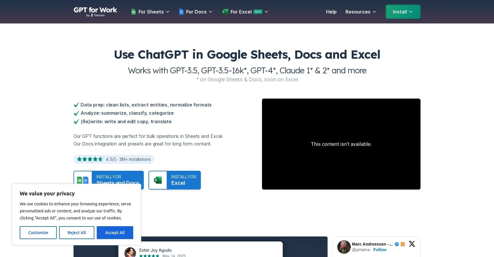 GPT for work homepage screenshot — Harness ChatGPT in Google Workspace and Excel