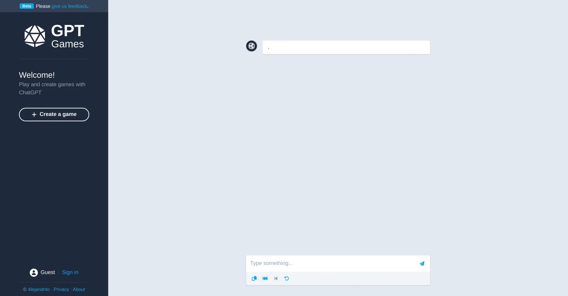 GPT Games homepage screenshot — Create and play AI-powered games instantly.