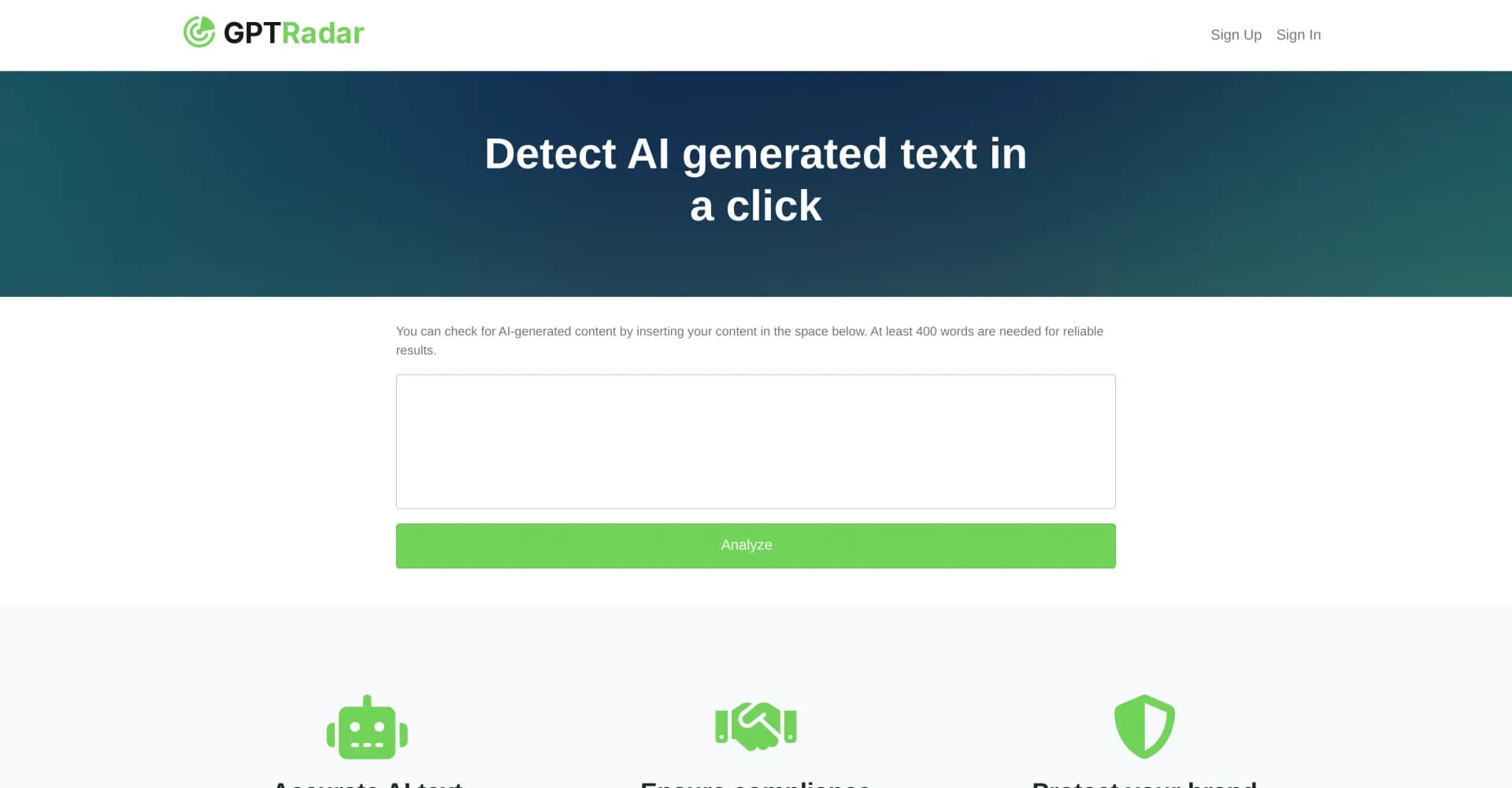 GPT Radar homepage screenshot — Detect AI-generated text in a click.