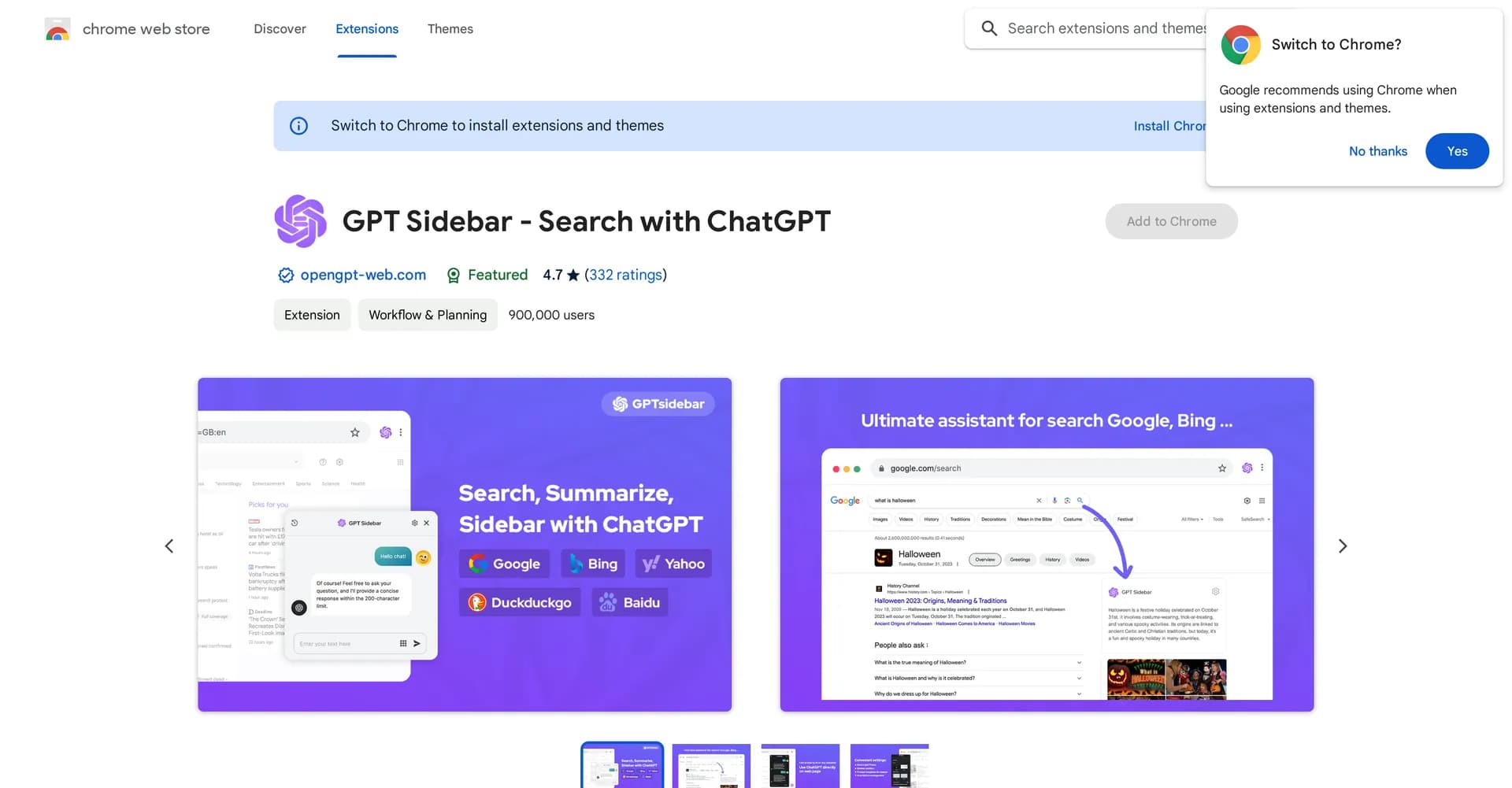 GPT Sidebar homepage screenshot — Search responses with ChatGPT on Google and Bing.