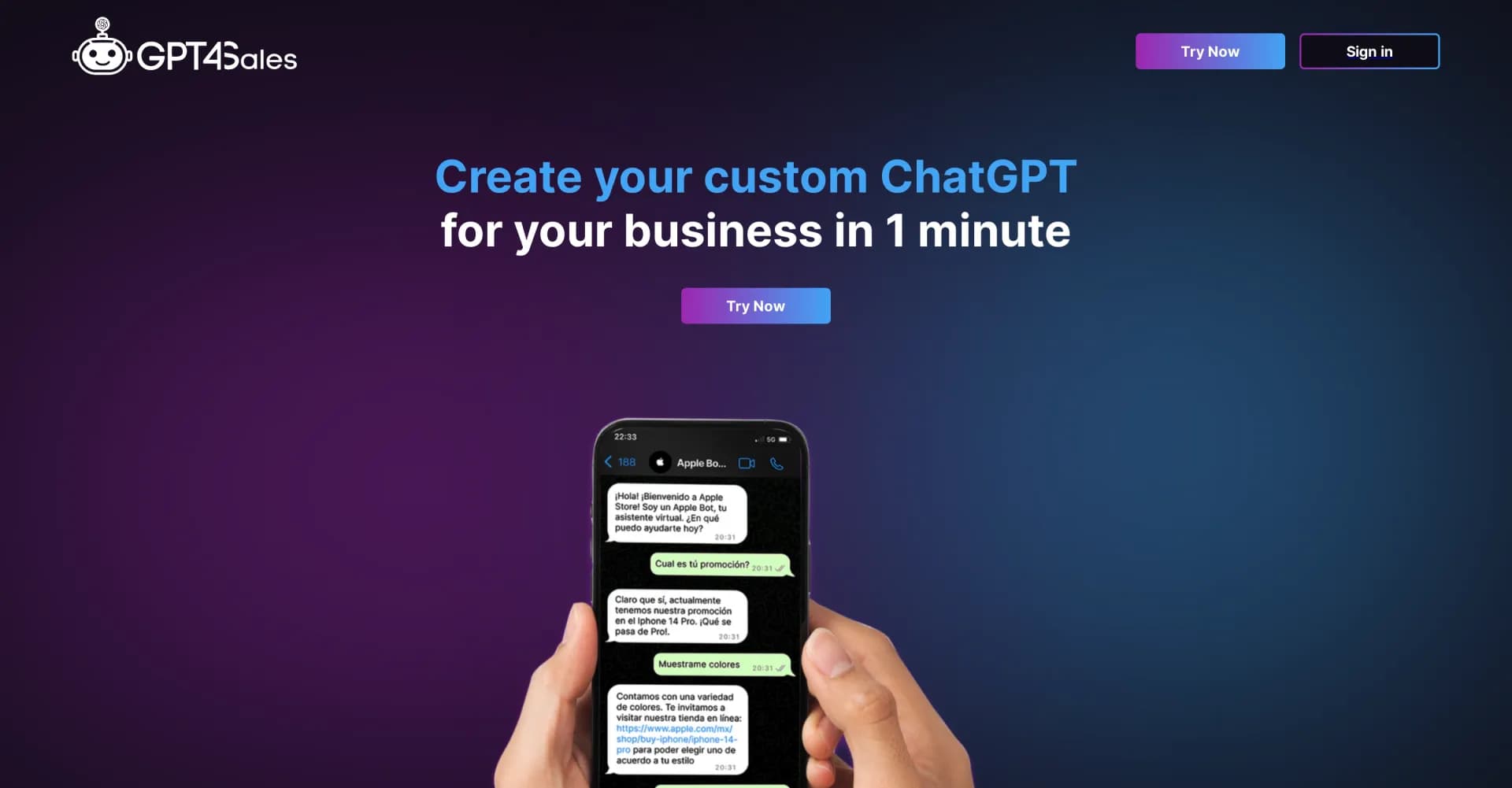 GPT4Sales homepage screenshot — Create custom AI agents for sales and support in minutes.
