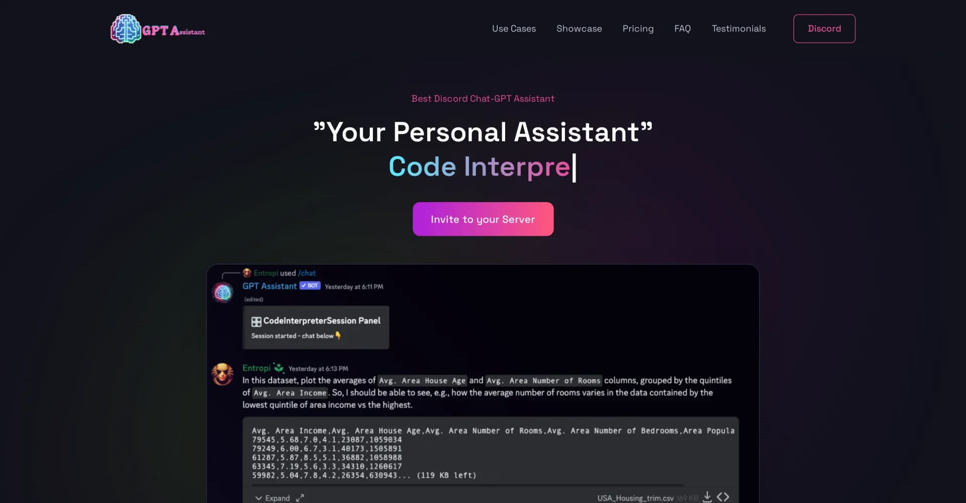 GPTAssistant homepage screenshot — AI-powered Discord bot for seamless conversations and assist