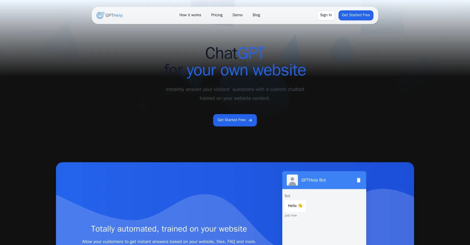 GPTHelp homepage screenshot — Instantly answer visitors' questions with AI trained on your