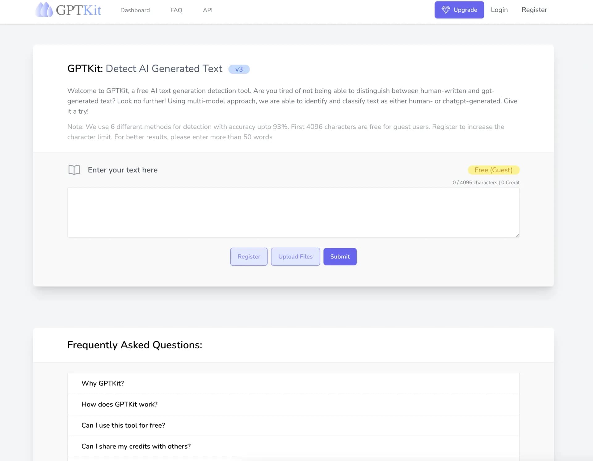 GPTKit homepage screenshot — Detect AI-generated text with high accuracy