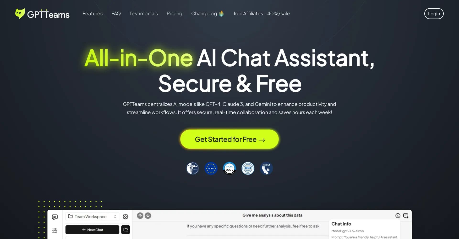 GPTTeams homepage screenshot — Centralize AI models to boost productivity and streamline wo