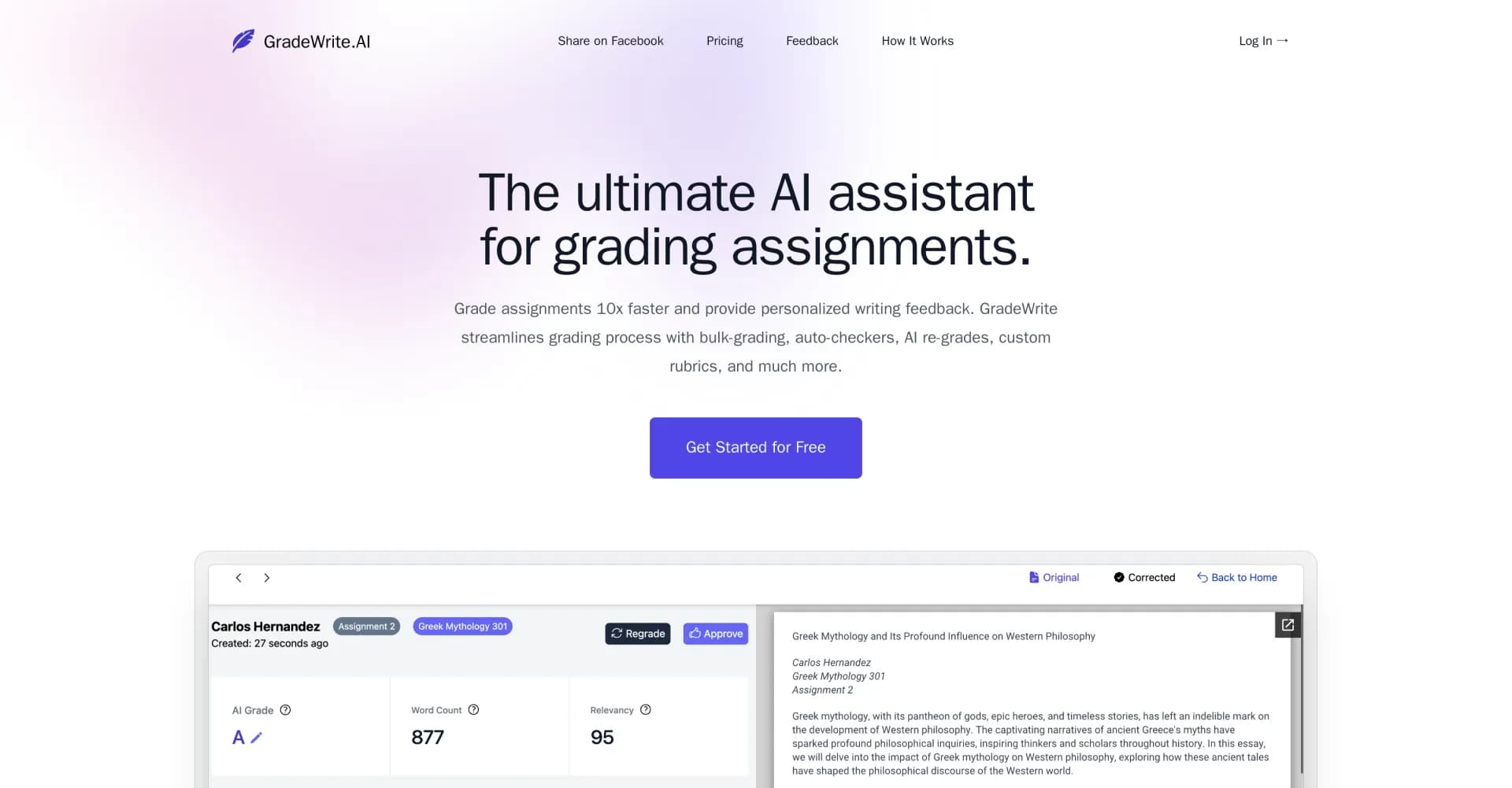 GradeWrite homepage screenshot — Grade assignments 10x faster with AI