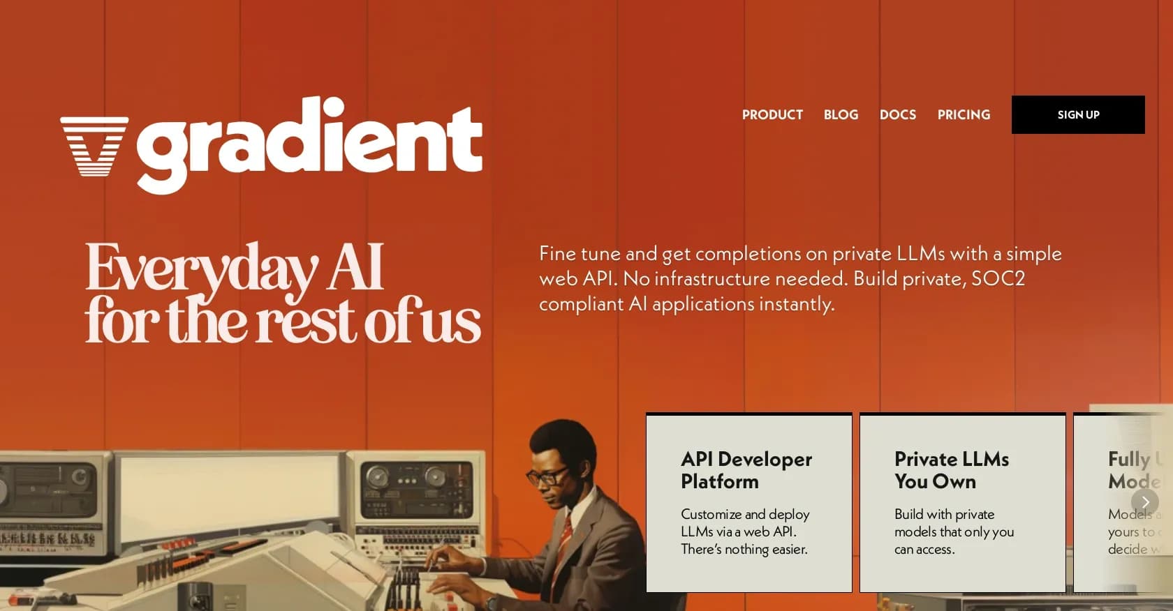 Gradient.AI homepage screenshot — Simple web APIs for private LLMs.