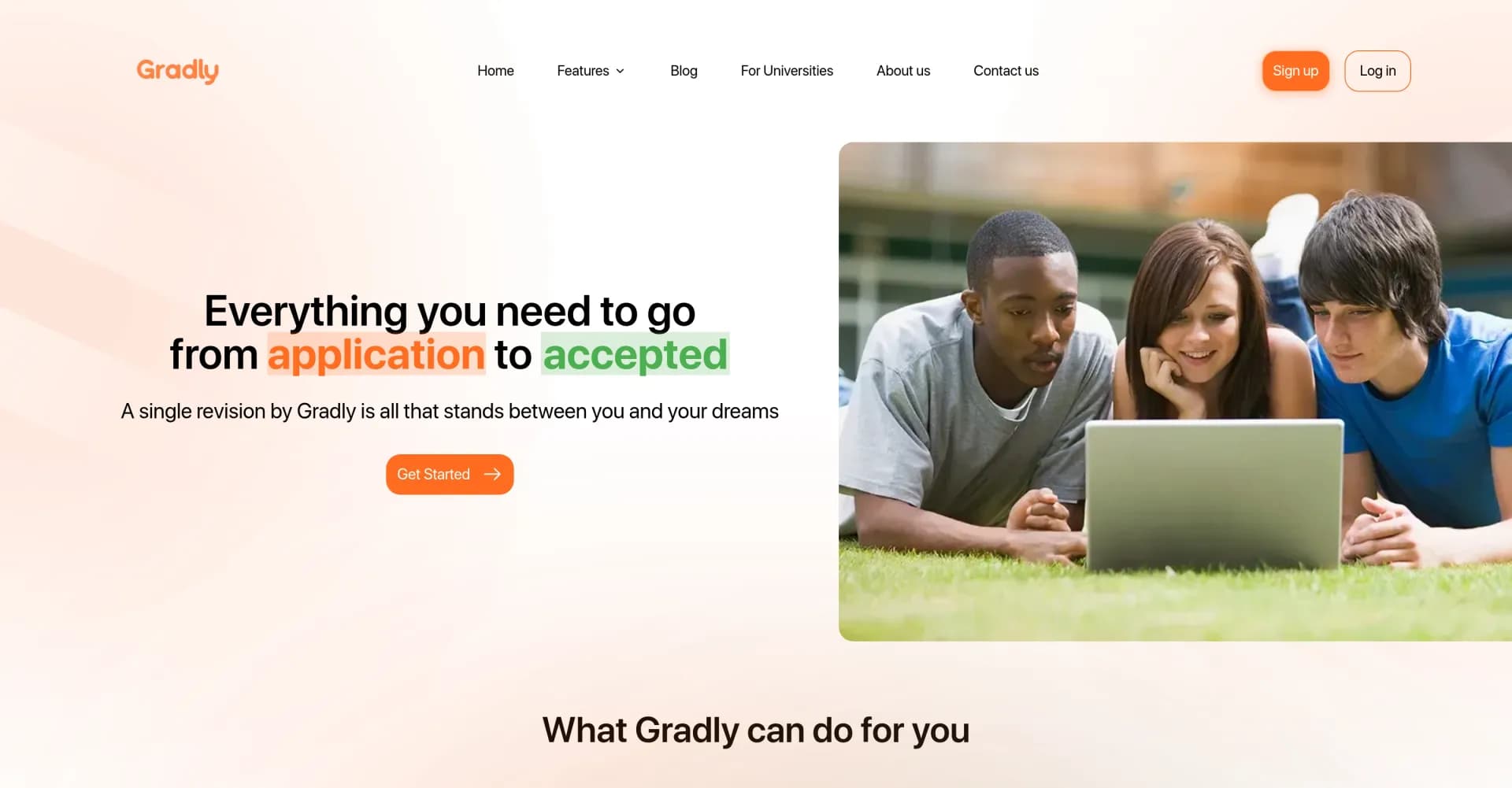 Gradly homepage screenshot — AI-powered tool for college admissions success