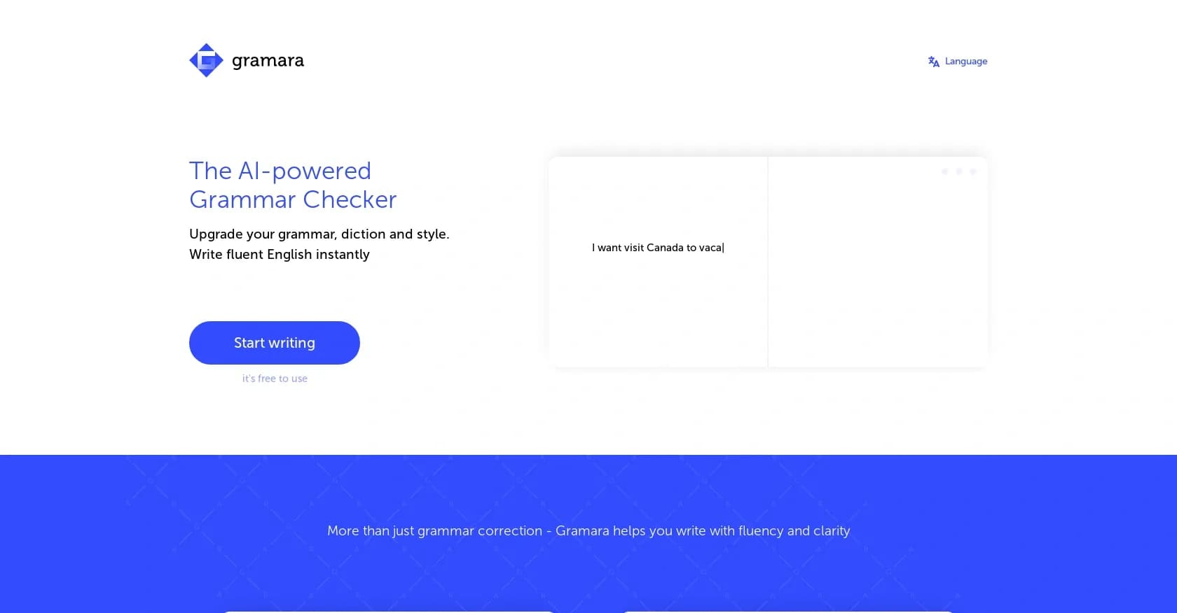 Gramara homepage screenshot — Upgrade your grammar and style instantly.