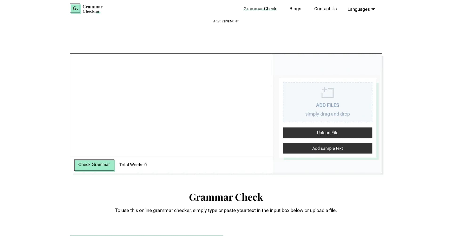 Grammar Check homepage screenshot — AI-powered grammar perfection, instantly.