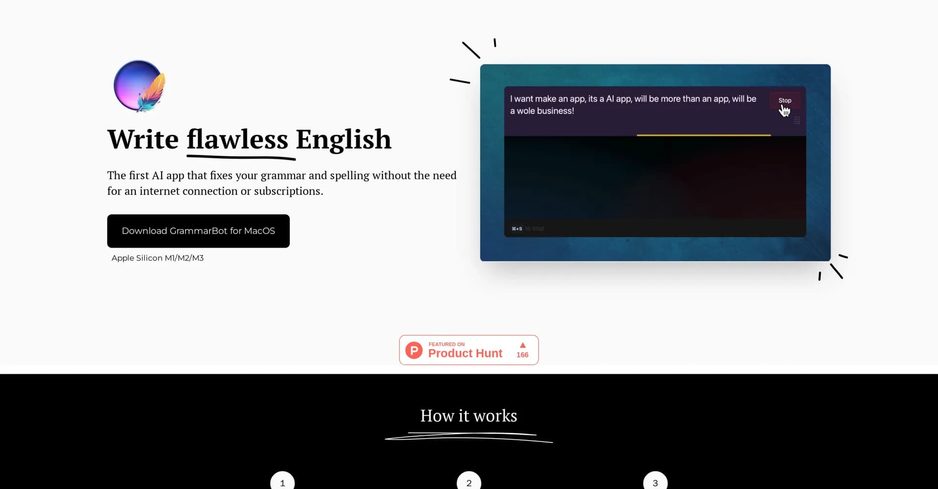GrammarBot App homepage screenshot — AI grammar fix, offline and private.