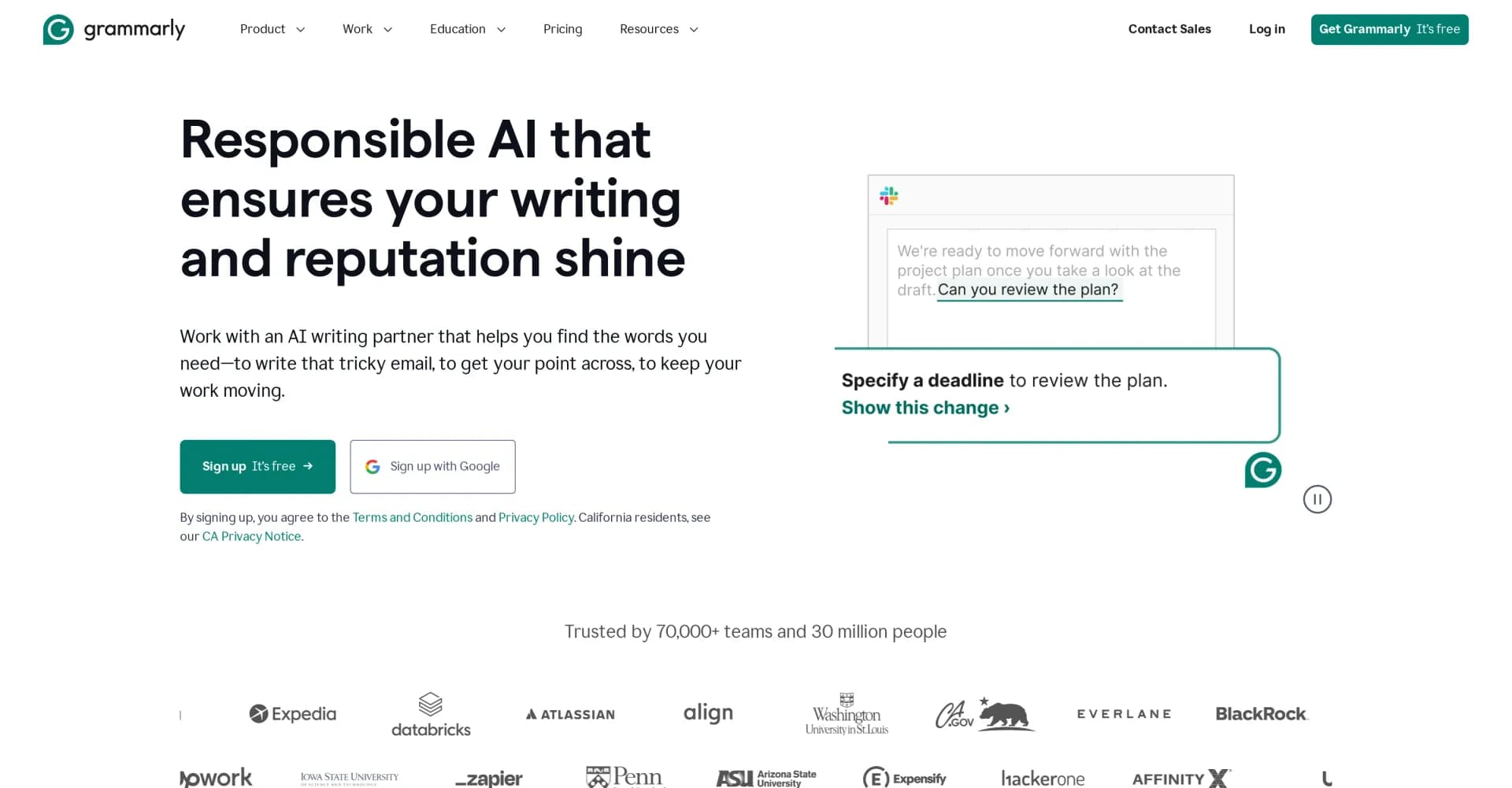 Grammarly homepage screenshot — AI guidance for flawless writing anywhere.
