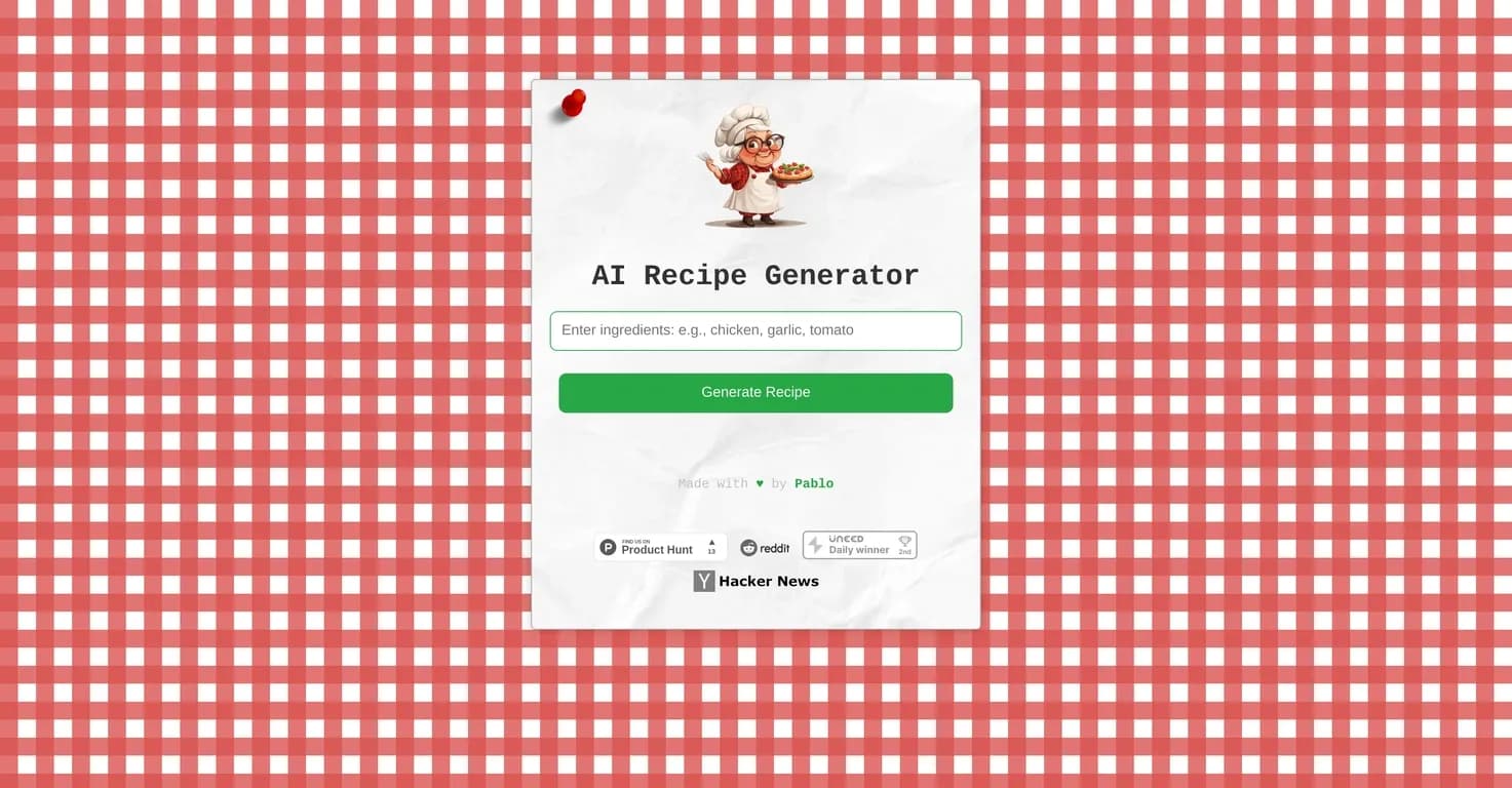 Granny Cooks for Me homepage screenshot — AI-powered recipe generator for your ingredients