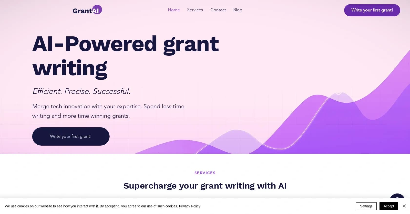 Grant AI homepage screenshot — AI-powered grant writing: Efficient, precise, successful.