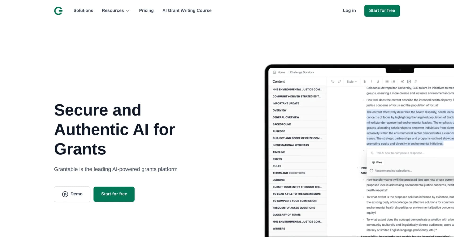 Grantable homepage screenshot — AI software to draft grant responses 5X faster